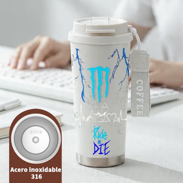 Termisk kaffemugg 500ml 316 rostfritt stål blommig design, Isolerad kaffemugg, läckagesäker resemugg med lock White