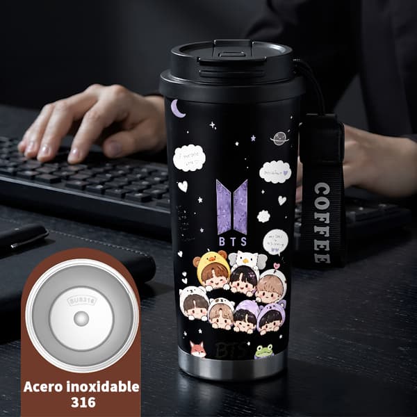 Termokaffekrus 500 ml Lækagesikkert tegneseriedesign Black