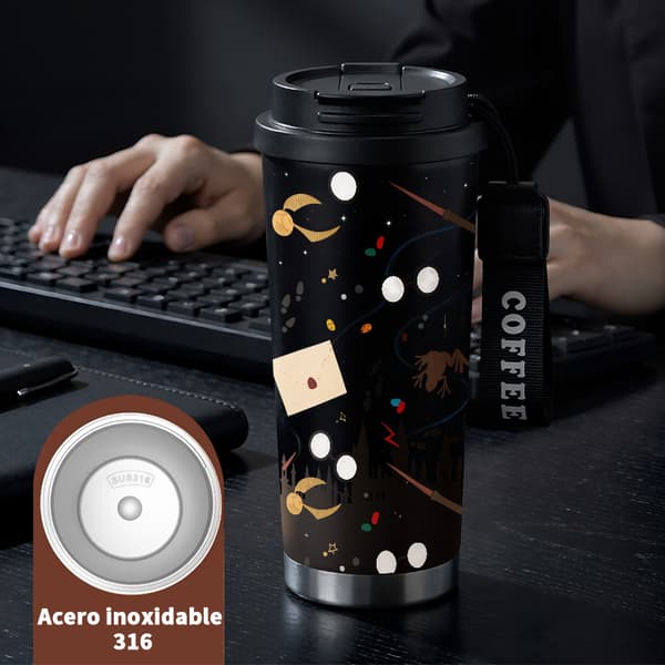 Termoskaffeemugg 500ml Rostfritt Stål Halloween Design, Isolerad kaffemugg, läckagesäker resemugg med lock Black