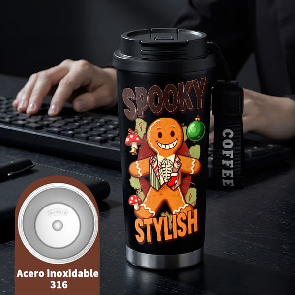 Termosmugg 500 ml rostfritt stål juldesign, isolerad kaffemugg, läckagesäker resemugg med lock Black