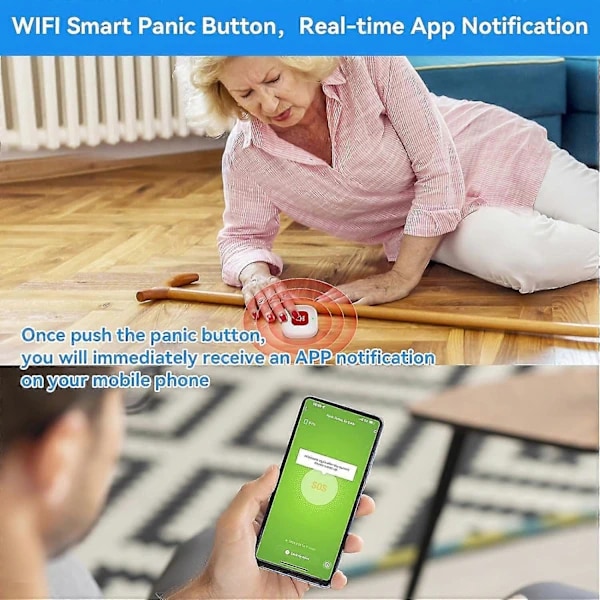 WiFi-baserad larmknapp för äldre i hemmet med app-notiser, äldreövervakning, vårdgivarsökare, livräddningssystem