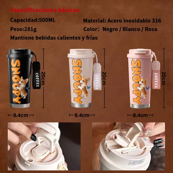 Bärbar kaffetermos 500 ml termisk tecknad design, isolerad kaffemugg, läckagesäker resemugg med lock Black