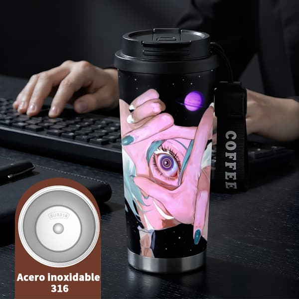 Kaffetermos 500ml 316 Rostfritt Stål Festlig Design, Isolerad kaffemugg, läckagesäker resemugg med lock Black
