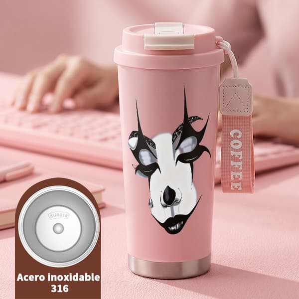 Kaffetermos 500ml Rostfritt Stål Grafisk Design, Isolerad kaffemugg, läckagesäker resemugg med lock Pink