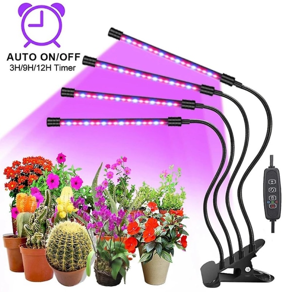 Växtlampa, växtlampa med stativ, 4-huvud trädgårdsodlingslampa, fullspektrum växtlampa med USB-laddningskabel