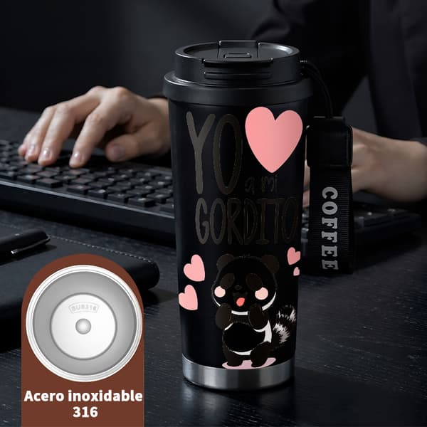 Bärbar kaffetermos 500 ml rostfritt stål geometrisk design, isolerad kaffemugg, läckagesäker resemugg med lock Black