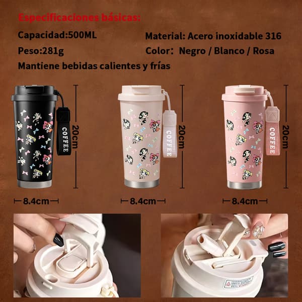 Kaffetermos 500ml Rostfritt Stål Anime Design, Isolerad kaffemugg, läckagesäker resemugg med lock White