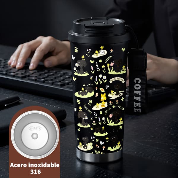 Kaffetermos 500ml Rostfritt Stål Festlig Design, Isolerad kaffemugg, läckagesäker resemugg med lock Black