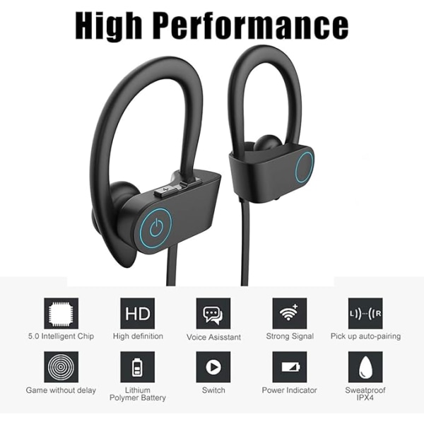 Blå Bluetooth trådlösa hörlurar, sportöronsnäckor, IPX7