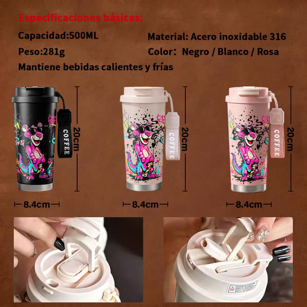 Termosmugg 500ml Rostfritt Stål Grafisk Design, Isolerad kaffemugg, läckagesäker resemugg med lock White