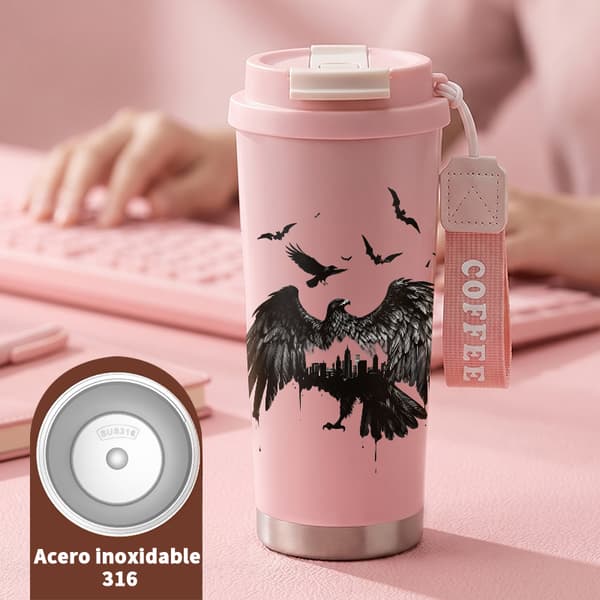 Termisk kaffemugg 500ml läckagesäker djurdesign, Isolerad kaffemugg, läckagesäker resemugg med lock Pink