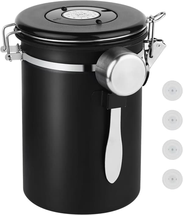 22OZ Lufttät Kaffebönbehållare i Rostfritt Stål med Datummarkering & Måttskopa