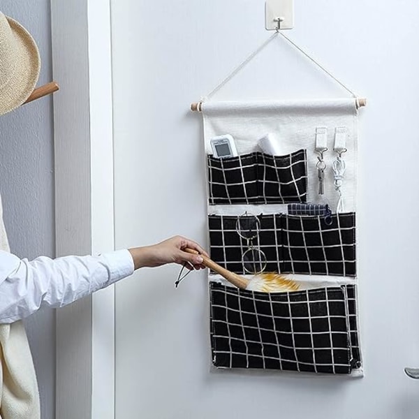 1 stycke vägghängande väska med 5 fickor, bomullslinnevägg
