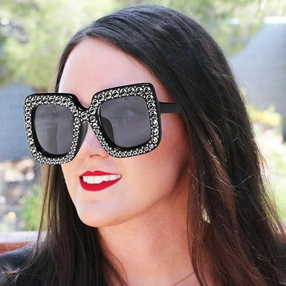 2-delt overdimensionerede solbriller med rhinestones, overdimensionerede firkantede