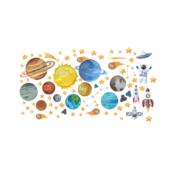 4 tecknade färgade teckningar av universum, planeter, astronauter,