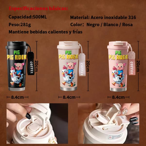 Termokopp 500ml Rustfritt Stål Tegneseriedesign Pink