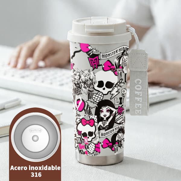 Kaffetermos 500ml Rostfritt Stål Tecknad Design, Isolerad kaffemugg, läckagesäker resemugg med lock White
