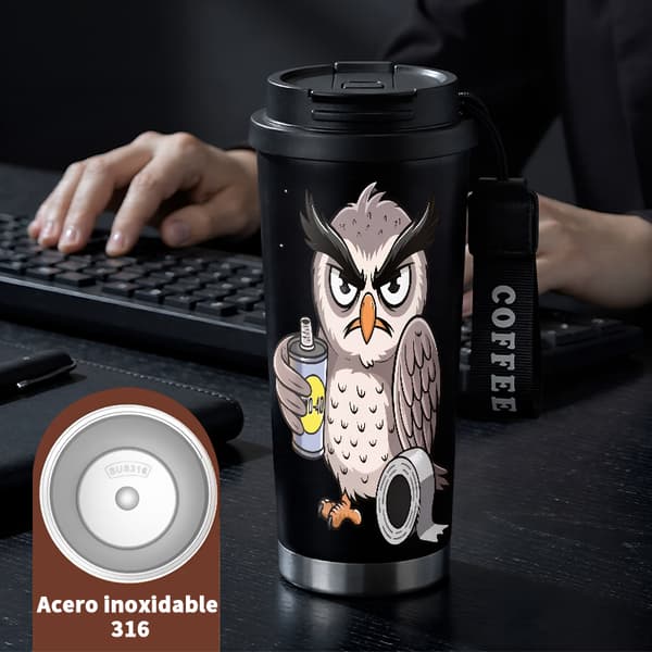 Termoskaffemugg 500ml Rostfritt Stål Grafisk Design, Isolerad kaffemugg, läckagesäker resemugg med lock Black
