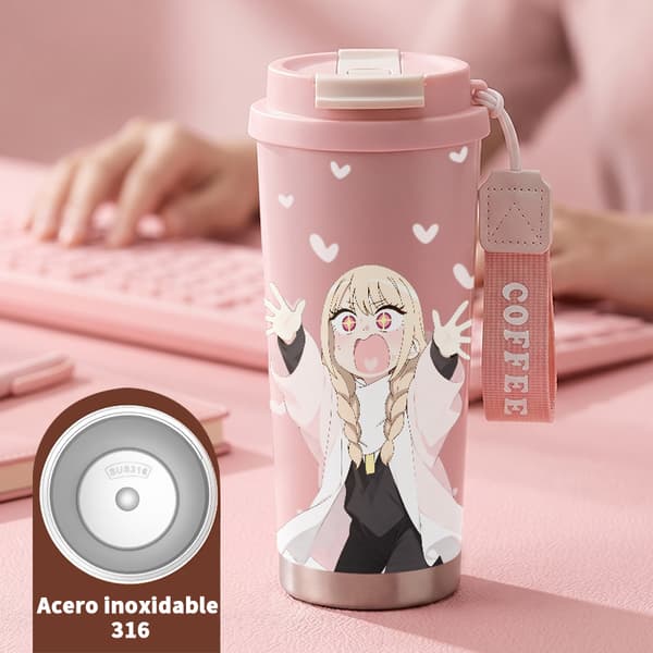 Kaffetermos 500ml Rostfritt Stål Geometrisk Design, Isolerad kaffemugg, läckagesäker resemugg med lock Pink