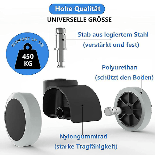Korvaavat pyörät toimistotuoliin koville lattioille - 5 kpl - 11 mm / 22 mm - Pelituoleille, pyöriville tuoleille, Pr