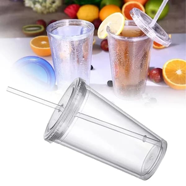 Plastmugg Resemugg med Sugrör, Dubbelväggig Plastförseglad Mugg Transparent Drickmugg för Fruktjuice Smoothie, A