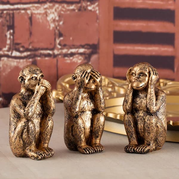 Parti med 3 bronze-nome bronzefarvede abe-figurer, se-nr, tale-nr, A