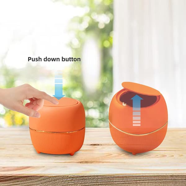 Skrivbordsminiskräpkorg, trycktyp rund soptunna med lock (orange)