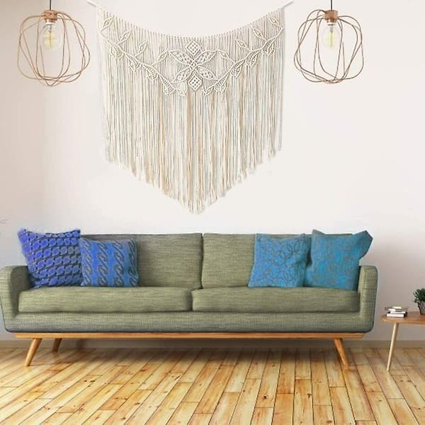 Macrame väggbonad, vävd gobeläng, modern chic vävd konst, handgjord heminredning, pärlväggdekor för bröllop, sovrum, vardagsrum (93x96)