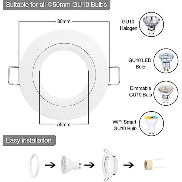 10x GU10 Infällda Spotlight Aluminium Vit, Spotlights Monteringsram Med GU10 Sockel, Rund Support Extra Platt Infälld Spotlight Tak För LED Eller