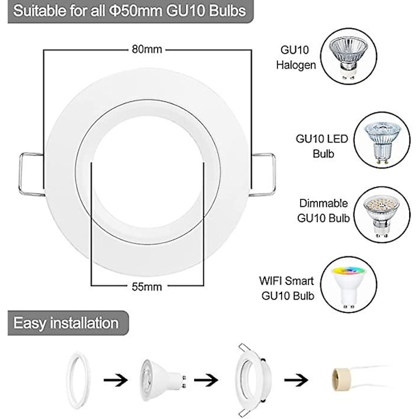 10x GU10 upotettu valonheitin alumiini valkoinen, valonheittimet asennuskehys GU10-kannalla, pyöreä tuki erittäin litteä upotettu valonheitin katto LED-valoille tai