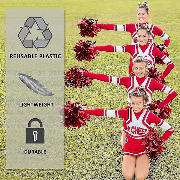 12 kpl Cheerleading Pom Pomit Lapsille, Metallinhohtoiset Folio Muovirenkaat Cheer Pom Pomit Pojille Large Red