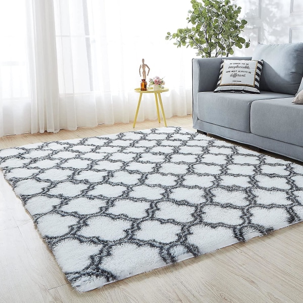 Hjemmeinnredningsteppe, Langt Shaggy Teppe Sklisikkert Teppe for Stue Soverom Sofa Gulvmatte, Supermyk, (Hvit Lykt, 60 * 120CM)