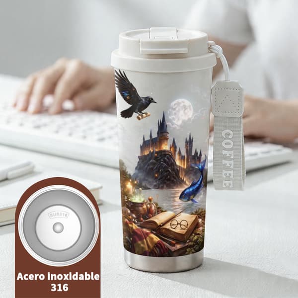 Termisk kaffemugg 500ml rostfritt stål geometrisk design, Isolerad kaffemugg, läckagesäker resemugg med lock White