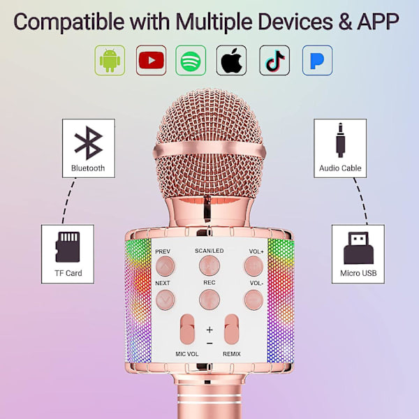Karaoke trådlös mikrofon med dansande LED-lampor, Bluetooth-mikrofon för barn flicka pojke för fest sång jul födelsedagspresent idé roséguld