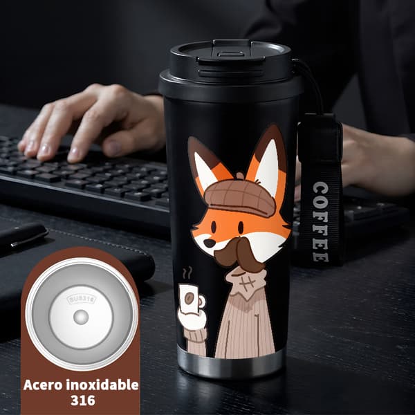 Kaffetermos 500ml Rostfritt Stål Djurmönster, Isolerad kaffemugg, läckagesäker resemugg med lock Black