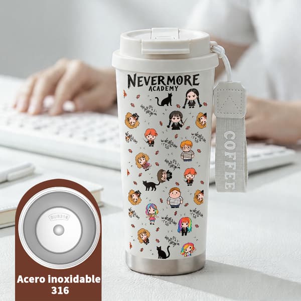 Termosmugg 500ml Rostfritt Stål Djurmönster, Isolerad kaffemugg, läckagesäker resemugg med lock White