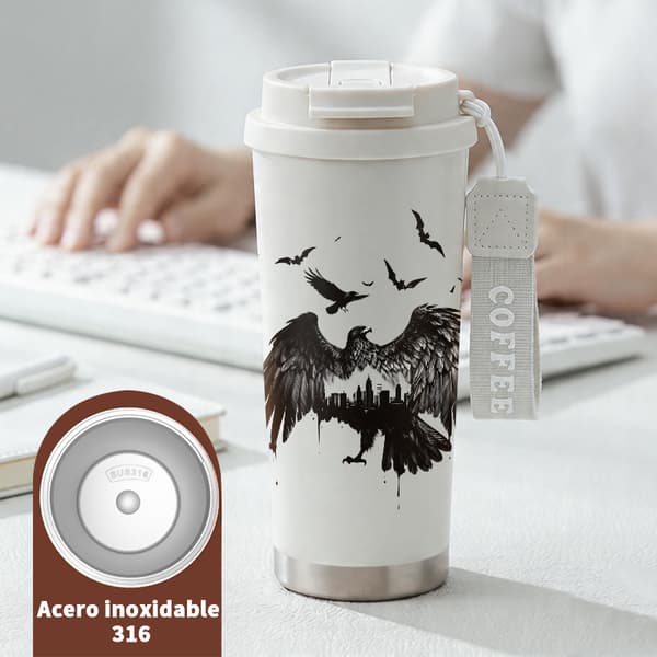 Termisk kaffemugg 500ml läckagesäker djurdesign, Isolerad kaffemugg, läckagesäker resemugg med lock White