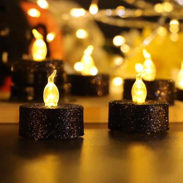 24 stk gull glitter LED telys svart flammefri stearinlys batteridrevet votive telys varmt hvitt blinkende