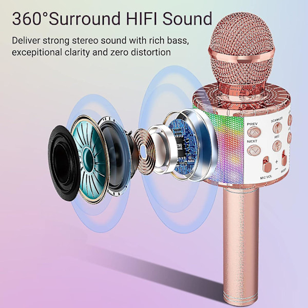 Karaoke trådlös mikrofon med dansande LED-lampor, Bluetooth-mikrofon för barn flicka pojke för fest sång jul födelsedagspresent idé roséguld