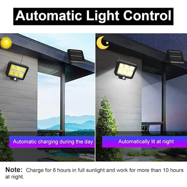 Kraftfull solcellsdriven utomhuslampa med rörelsesensor, 120 LED, vattentät, A
