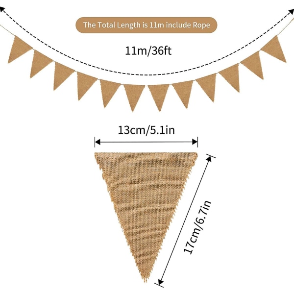 11 meter hessebanner, vimpelgirlander, 48 stk. jutevimpelgirlander, trekantflagg for bryllup, fester, dåpsdekorasjon (13 x 17 cm)