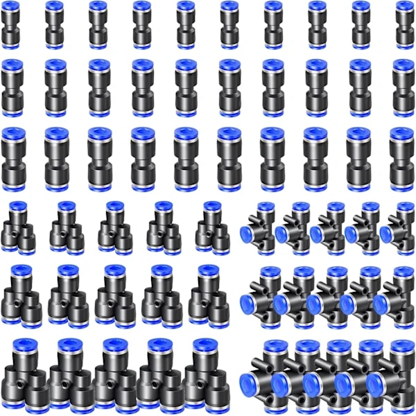 60 stycken pneumatiska kopplingar, pneumatiska plastkontakter, snabbkopplingar för tryckluft, snabbanslutningar för luftslangar (4 mm/6 mm/8 mm, Y+T...