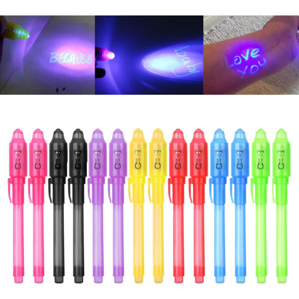 14 Stk 7 Farger Invisible Ink UV Magic Light Pen Wide Tip UV