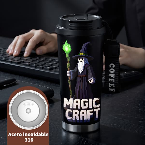 Termoskaffemugg 500ml Lufttätt lock Festlig design, Isolerad kaffemugg, läckagesäker resemugg med lock Black