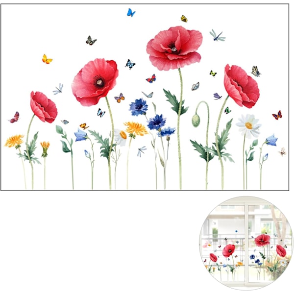 2 Stycken Fönsterdekorationer Blommor Fjäril Självhäftande Anti-Kollisionsglas för Hem Badrum Barnrum (30x54cm)