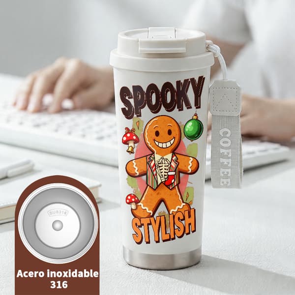 Termosmugg 500 ml rostfritt stål juldesign, isolerad kaffemugg, läckagesäker resemugg med lock White