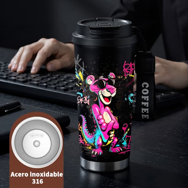 Termosmugg 500ml Rostfritt Stål Grafisk Design, Isolerad kaffemugg, läckagesäker resemugg med lock Black