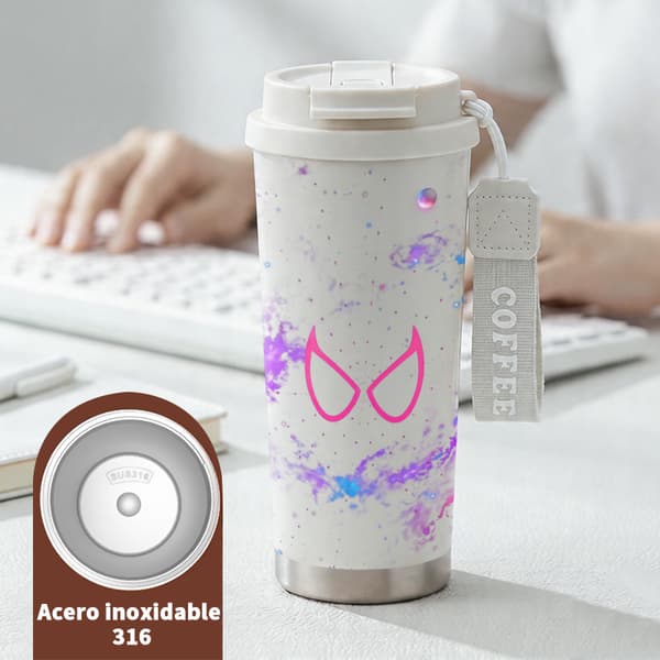 Kaffetermos 500ml Rostfritt Stål Anime Design, Isolerad kaffemugg, läckagesäker resemugg med lock White