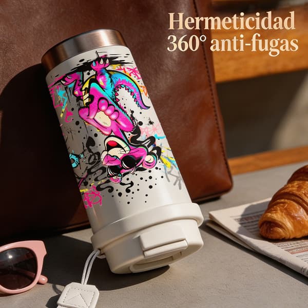 Termosmugg 500ml Rostfritt Stål Grafisk Design, Isolerad kaffemugg, läckagesäker resemugg med lock White