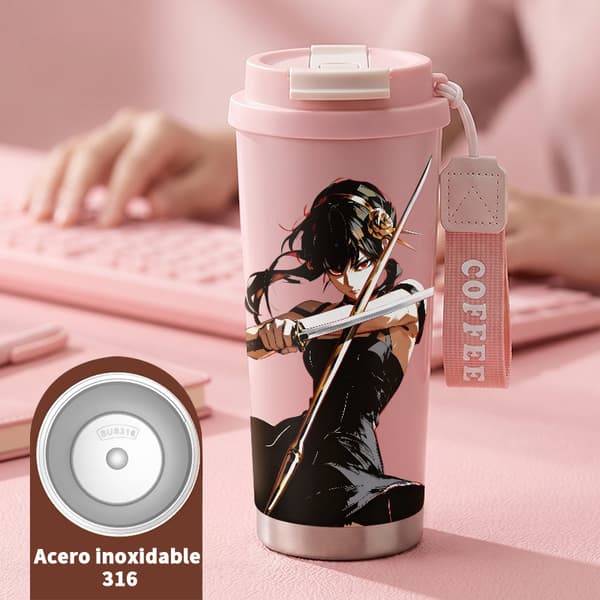Termisk kaffemugg 500ml rostfritt stål festlig design, isolerad kaffemugg, läckagesäker resemugg med lock Pink